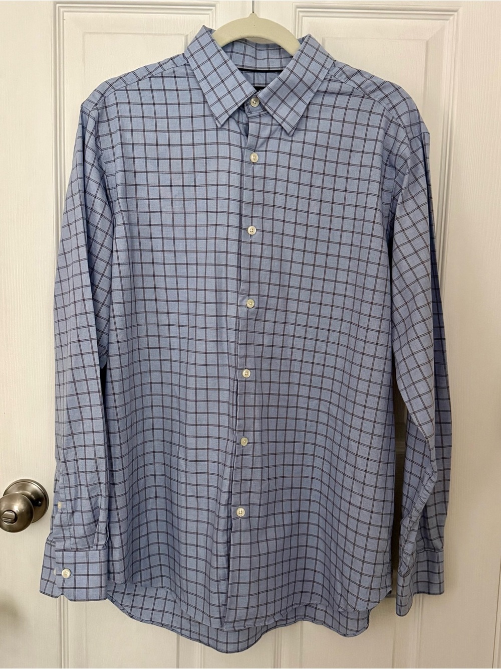 Hart Schaffner Marx Mens Blue Windowpane Plaid 100% Cotton Button Up Shirt L